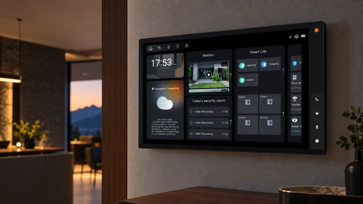 Panneau tactile domotique KNX intégré dans un salon